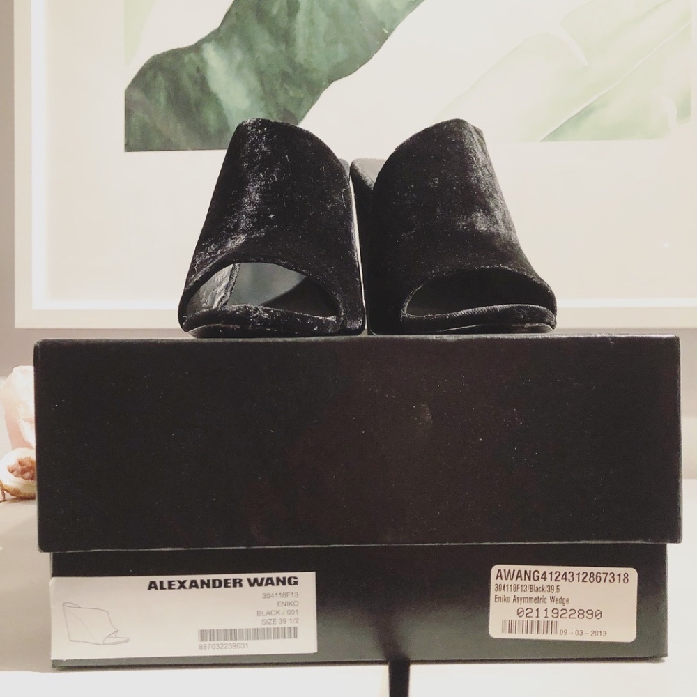 ALEXANDER WANG Crushed Velvet Black Mules Wedges - Picture 5 of 8